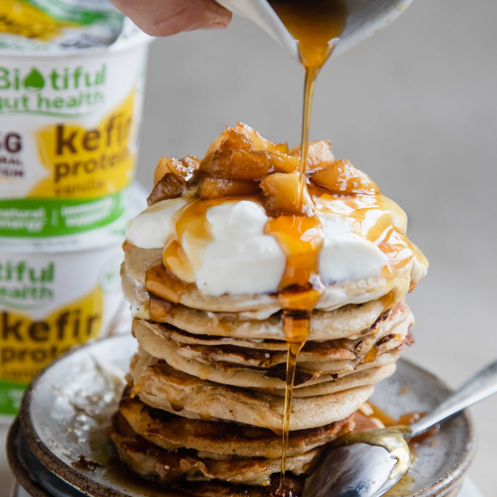 Kefir Protein Vanilla Pancakes with caramalised apple