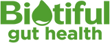 Green text reading 'Biotiful gut health' on a black background, with a teardrop-shaped letter 'o' containing a small white wave detail.